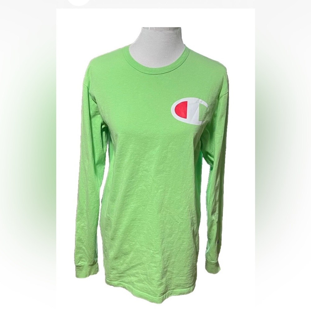 Men's Champion Long Sleeved Lime Green Shirt with Logos, Size Large, Preowned